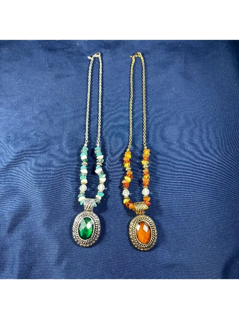Vintage-Style Beaded Necklaces With Faceted Green & Orange Gemstone Pendants Sil - Picture 1 of 5